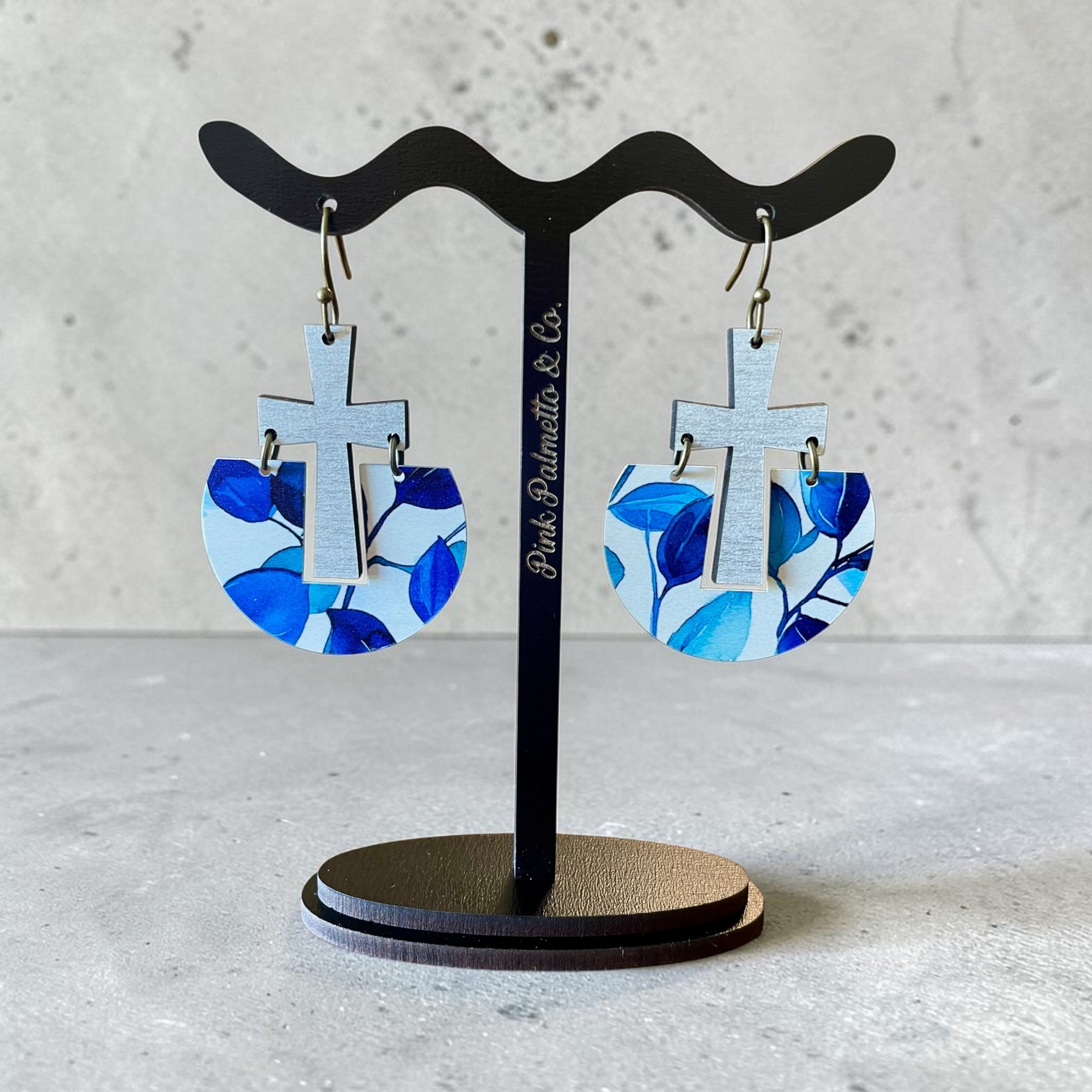 Wooden Cross Abstract Pattern Dangle Earrings