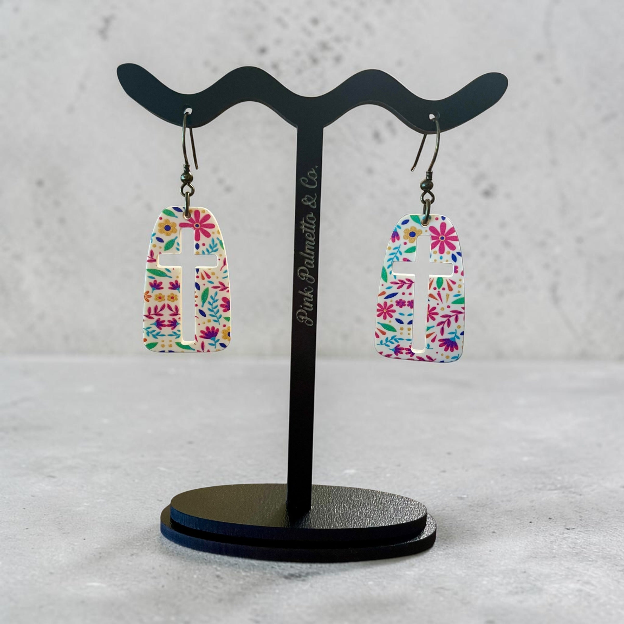 Vibrant Floral Cross Acrylic Earrings
