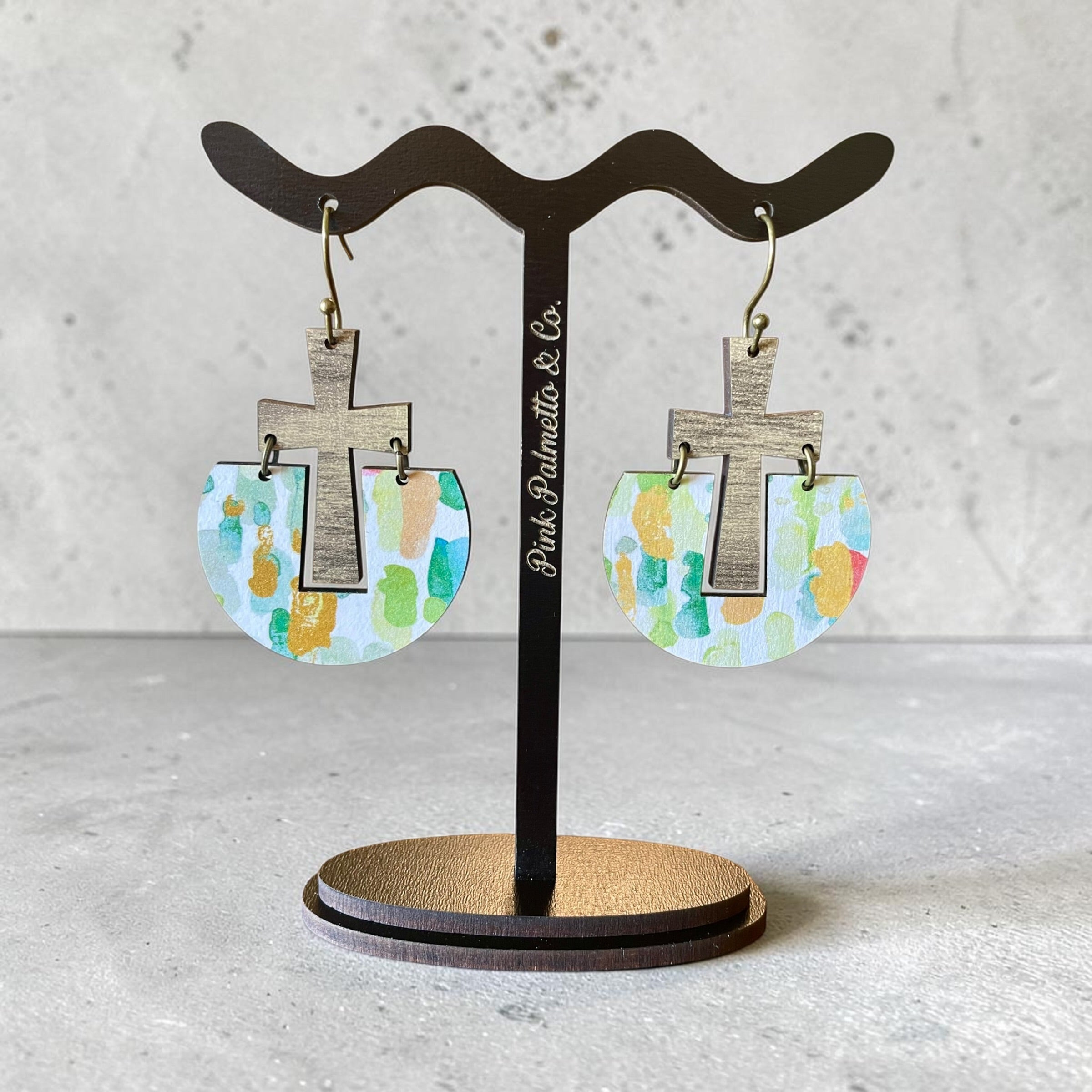 Wooden Cross Abstract Pattern Dangle Earrings