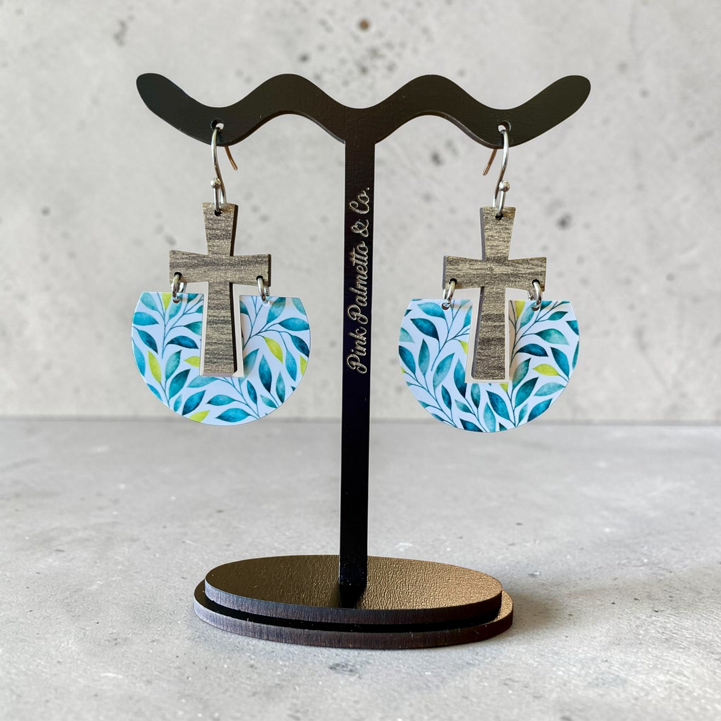 Wooden Cross Abstract Pattern Dangle Earrings
