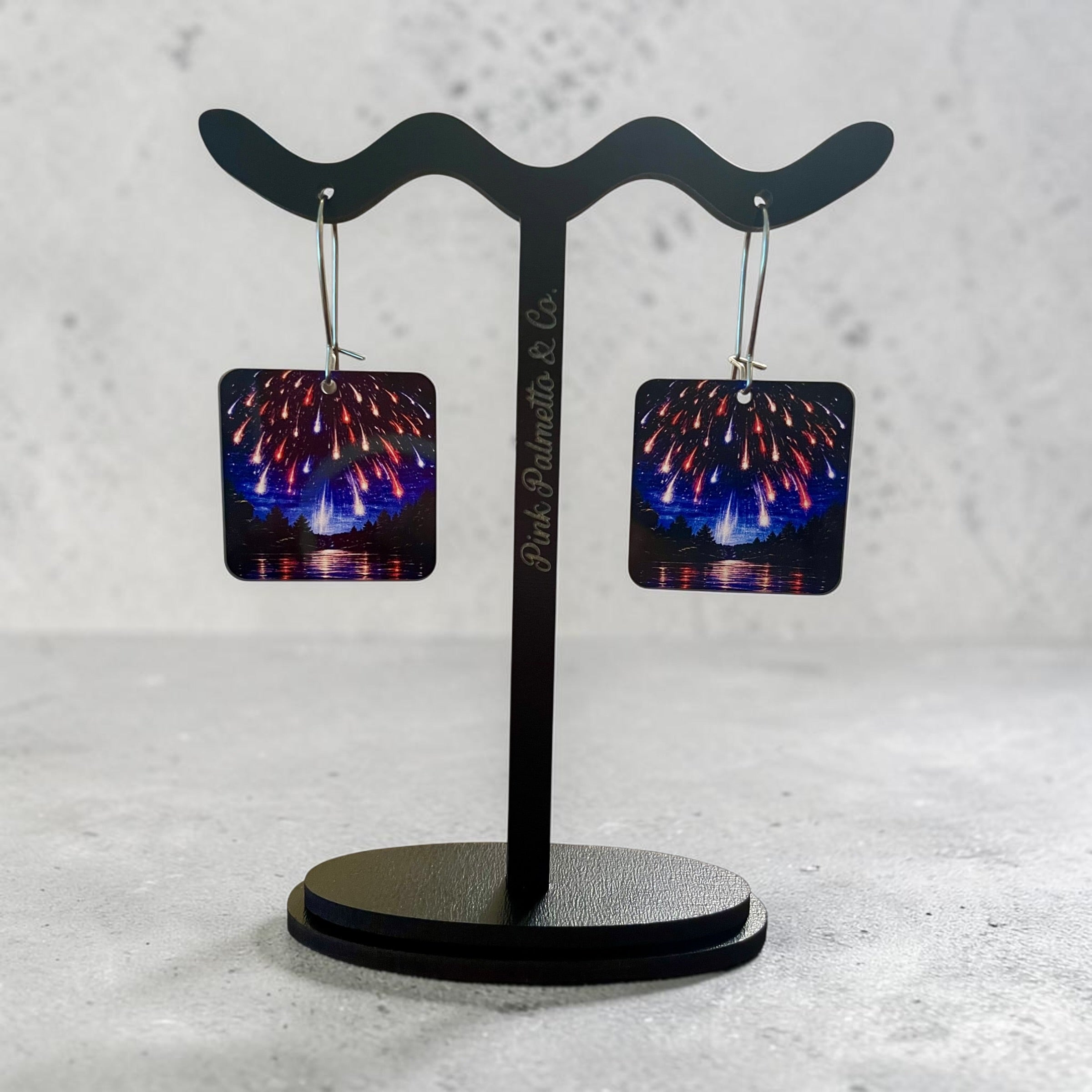 Midnight Fireworks Over the Water Acrylic Dangle Earrings