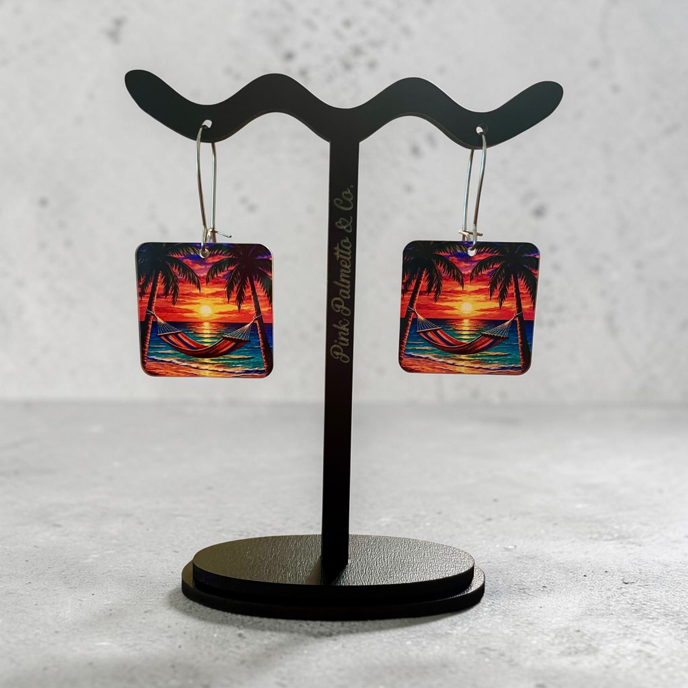 Tropical Sunset Hammock Square Acrylic Drop Earrings